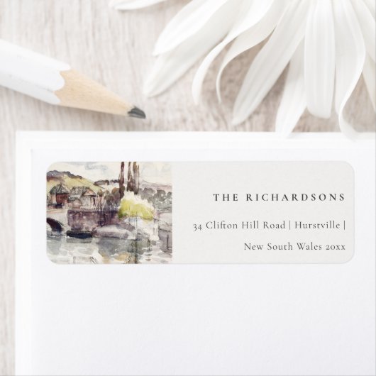 Étiquette Rustic Country Bridge Riverside Watercolor Adresse (En situation)