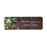 Étiquette Rustic Country Christmas Return Address<br><div class="desc">Rustic christmas winter theme address labels featuring a dark wooden background, festive christmas tree branches, red & gold tree decorations and string twinkle lights.. For further personalization, please click the "Customize it" button to modify this template. All text style, colors, and sizes can be modified to suit your needs. You...</div>