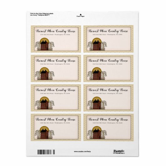 Étiquette Rustic Country Red Saltbox House & Moon Livraison (Feuille entière)