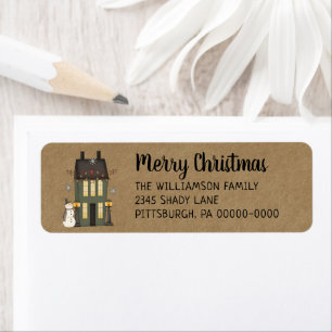 Étiquette Rustic Country Saltbox House & Snowman