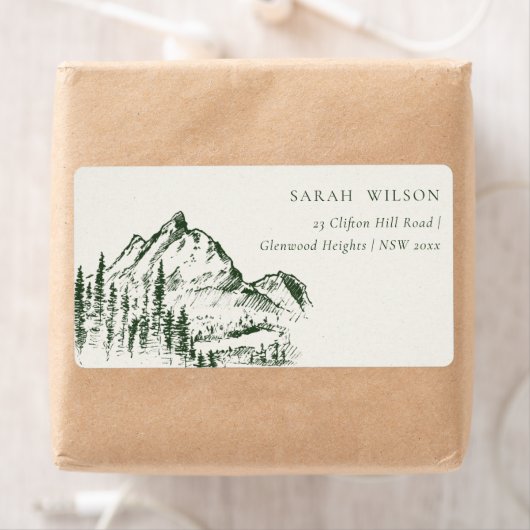 Étiquette Rustic Green Pine Woods Mountain Sketch Adresse (En situation)