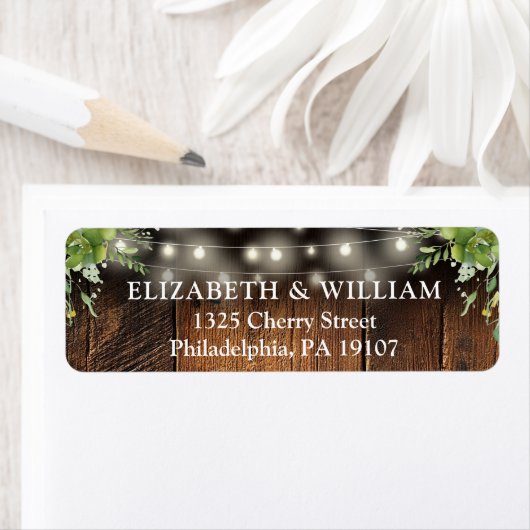 Étiquette Rustic Greenery Lights Wedding Return Address (En situation)