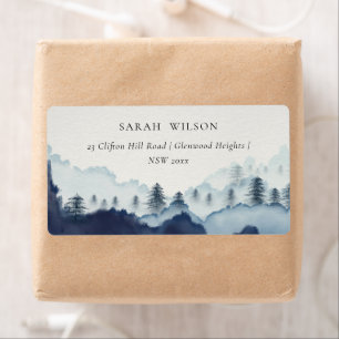 Étiquette Rustic Ink Blue Navy Pine Woods Mountain Address