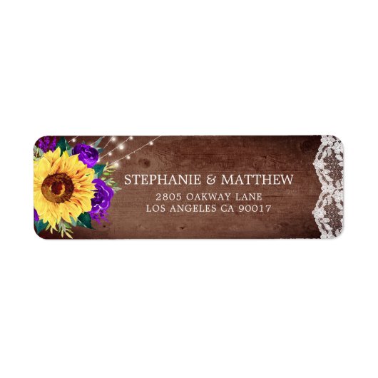 Étiquette Rustic Sunflower Lace Purple Floral Wood Lights (Devant)