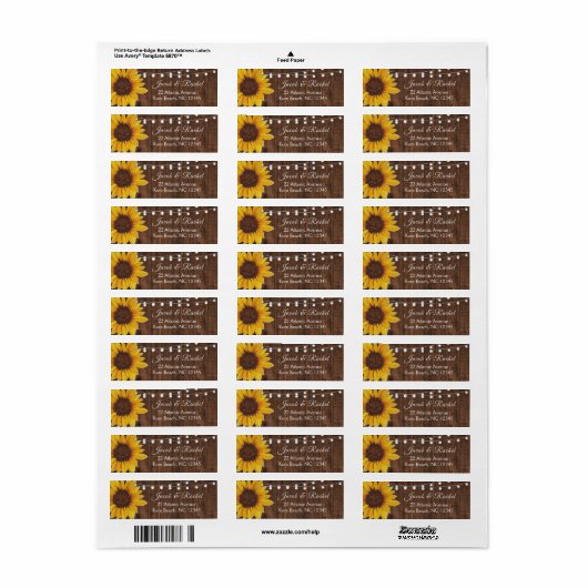 Étiquette Rustic Sunflower String Lights Adresse du Mariage (Feuille entière)