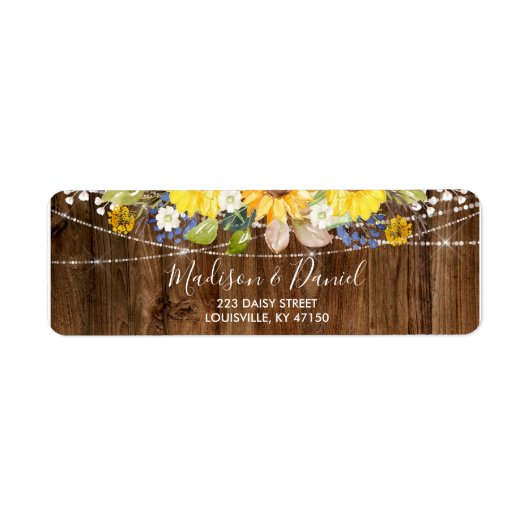 Étiquette Rustic Sunflower String Lights Adresse du Mariage (Devant)