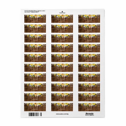 Étiquette Rustic Sunflower String Lights Adresse du Mariage (Feuille entière)