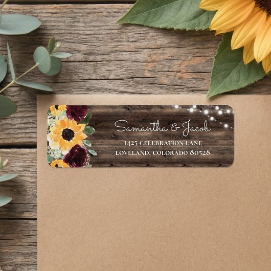 Étiquette Rustic Sunflower Wood Wedding Return Address