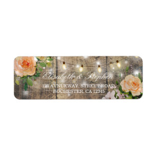 Étiquette Rustic Wood Floral String Lights Mariage Adresse