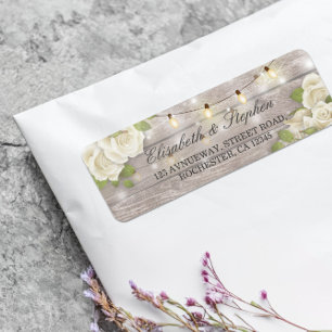 Étiquette Rustic Wood Floral String Lights Mariage Adresse