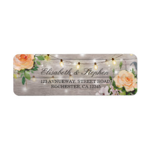 Étiquette Rustic Wood Floral String Lights Mariage Adresse