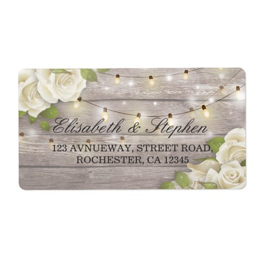 Étiquette Rustic Wood Floral String Lights Mariage Adresse (Devant)