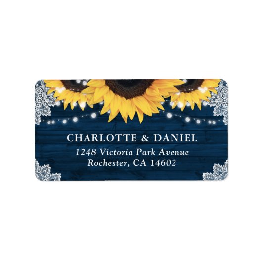 Étiquette Rustic Wood Navy Blue Sunflower Wedding Address (Devant)