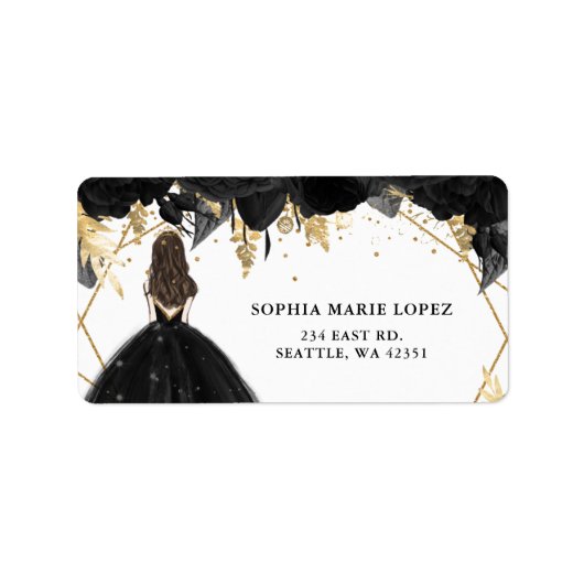 Étiquette Rustique Black Gold Floral Princesse Quinceanera (Devant)
