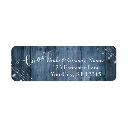 Étiquette Rustique Bois Bleu, Lumière Blanche Cordes Mariage (Devant)