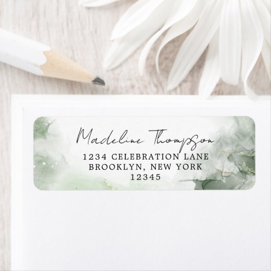 Étiquette Sage Green Aquarelle Splash Script Adresse de reto (En situation)
