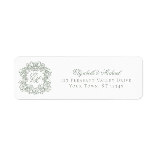 Étiquette Sage Green Monogram Crest Wedding Return Address (Devant)