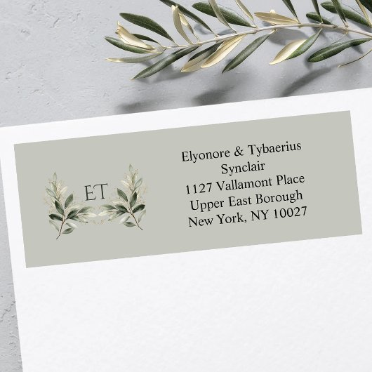 Étiquette Sage Green Olive Branch Monogram Return Address