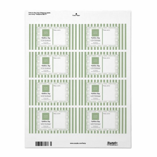 Étiquette Sage Green Stripes & Curly Frame & Logo (Feuille entière)