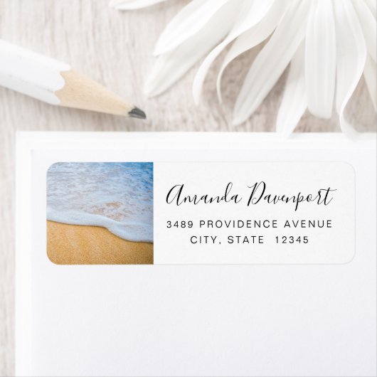 Étiquette Sandy Beach avec Surf en mousse Adresse (En situation)