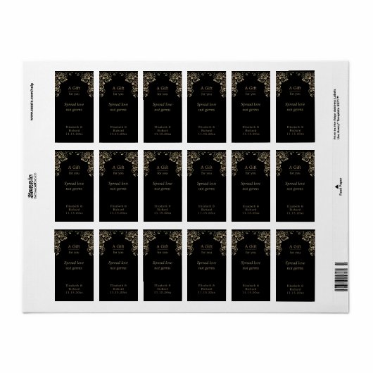 Étiquette Sanitizer à main en or noir Mariage (Feuille entière)