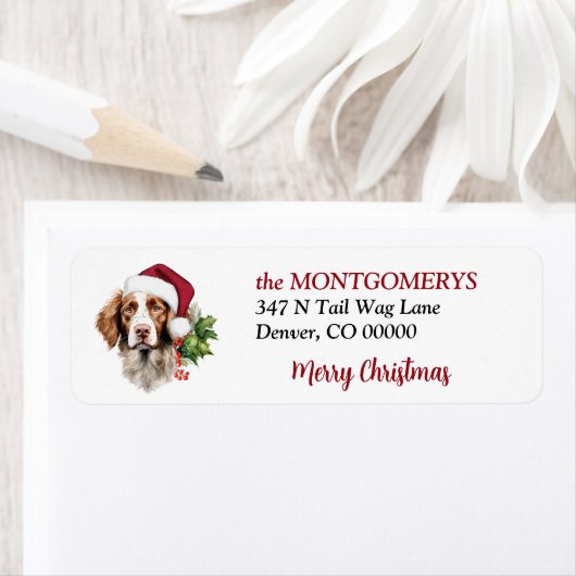 Étiquette Santa Hat Brittany Dog Christmas Return Address (En situation)