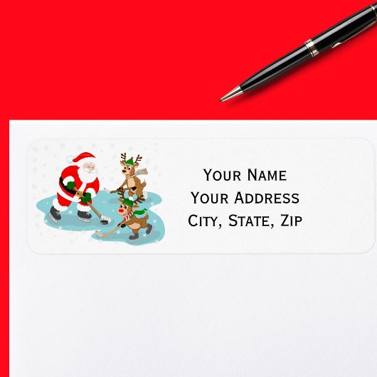 Étiquette Santa Playing Hockey with Reindeer Christmas