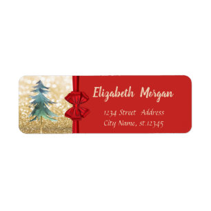 Étiquette Sapin de Noël, Nœud Rouge, Flou Glitter Or