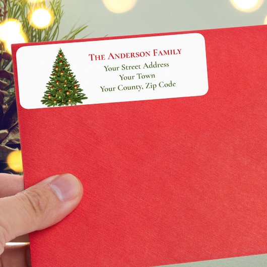 Étiquette Sapin de Noël traditionnel vert rubans rouges Nom
