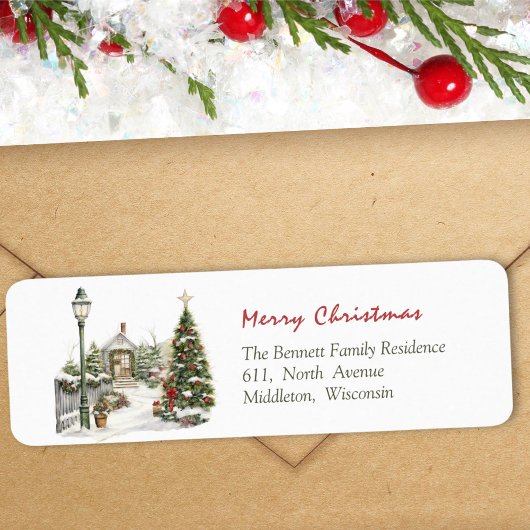 Étiquette Scène de maison de Noël festive à l'aquarelle
