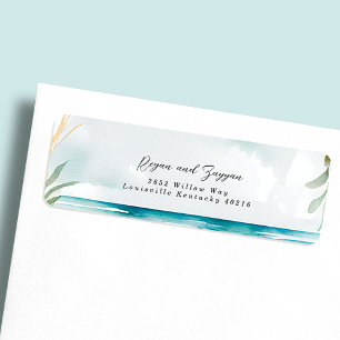 Étiquette Scène de mariage de plage à l'aquarelle florale Ad