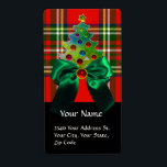 ÉTIQUETTE SCOTTISH TARTAN , GREEN BOW AND CHRISTMAS TREE<br><div class="desc">Elégant écossais classe,  écossais élégant,  dans des couleurs rouges vert blanc,  arcs brillants en soie et rubis 3D,  pierres émeraude. par Bulgan Lumini (c) Facile à customiser avec votre propre texte pour les voeux de vacances.</div>