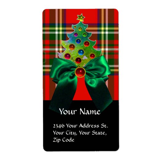 ÉTIQUETTE SCOTTISH TARTAN , GREEN BOW AND CHRISTMAS TREE (Devant)
