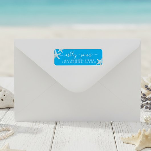 Étiquette Script Beach Starfish Blue Mariage Adresse de reto