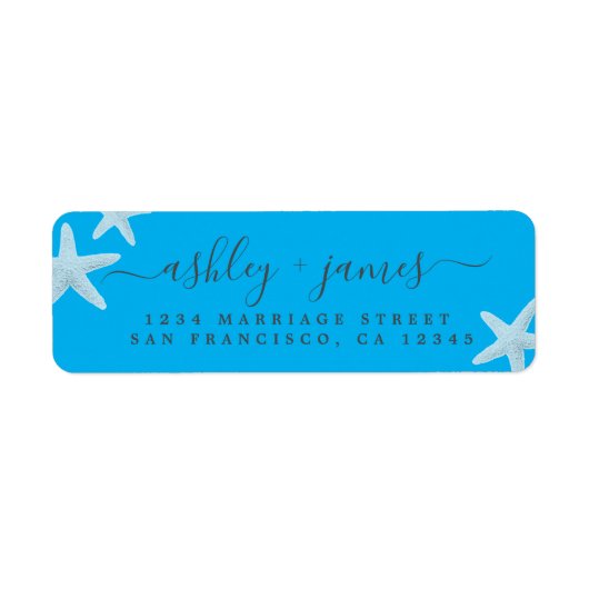 Étiquette Script Beach Starfish Blue Mariage Adresse de reto (Devant)