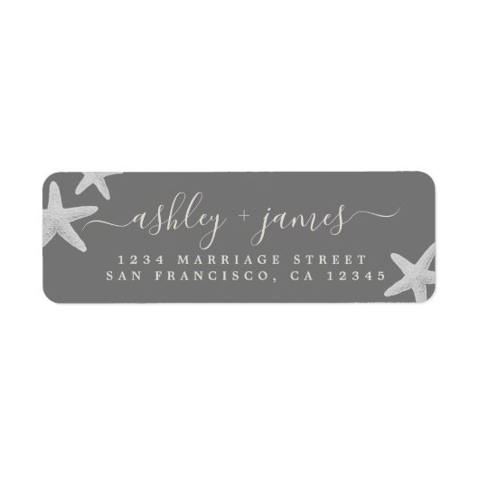 Étiquette Script Beach Starfish Grey Mariage Adresse de reto (Devant)