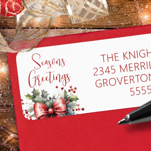 Étiquette Script Joyeuses Fêtes moderne Red Bow Holly