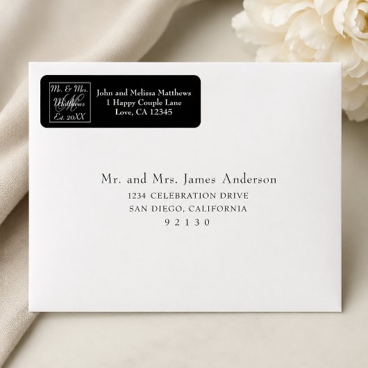 Étiquette Script Mr et Mme Monogramme Mariage Noir