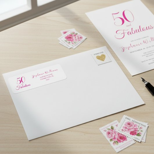 Étiquette Script rose 50 ans et Fabuleux Fête d'anniversaire