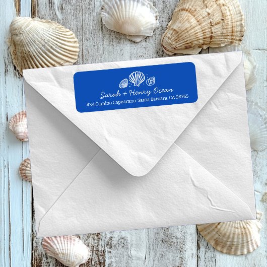 Étiquette Seashells Beach Wedding Blue White CUSTOM Address