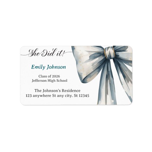 Étiquette She did it Graduation invitation Photo Blue Bow (Devant)