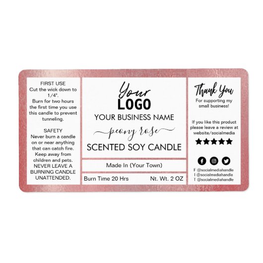 Étiquette Shimmer Rose Gold Ink Peony Scented Soy Candle (Devant)