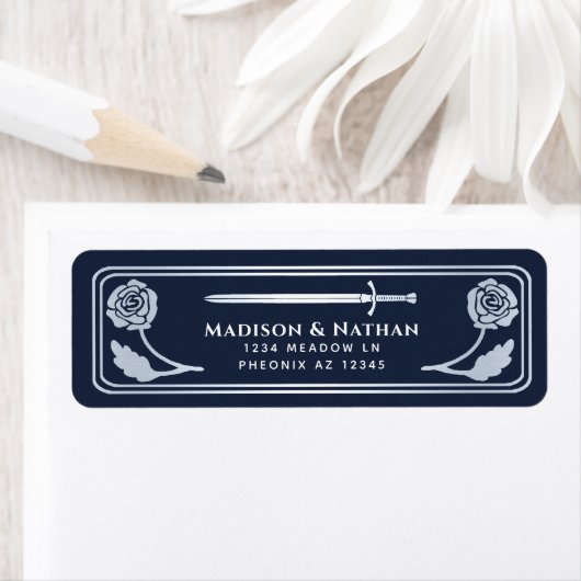 Étiquette Silver Blue Medieval Fantasy Sword Wedding Label (En situation)