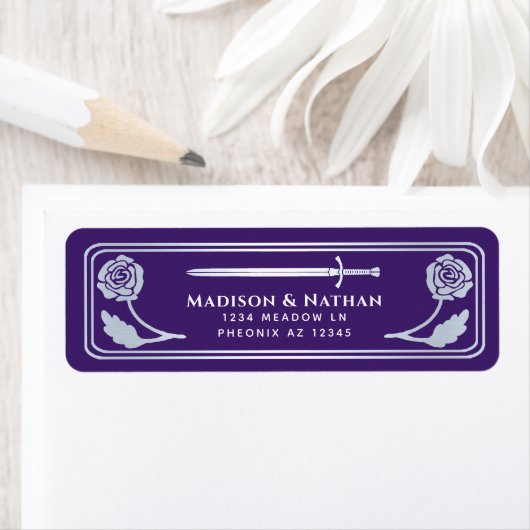 Étiquette Silver Purple Medieval Fantasy Sword Wedding Label (En situation)