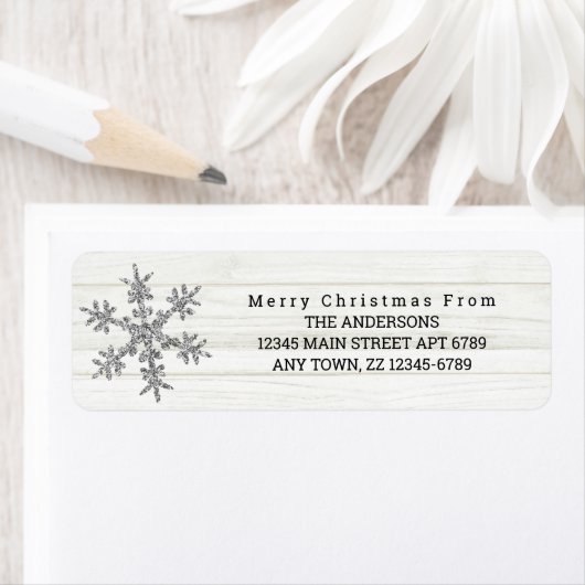 Étiquette Silver Snowflake Chic Rustique Bois de vacances (En situation)