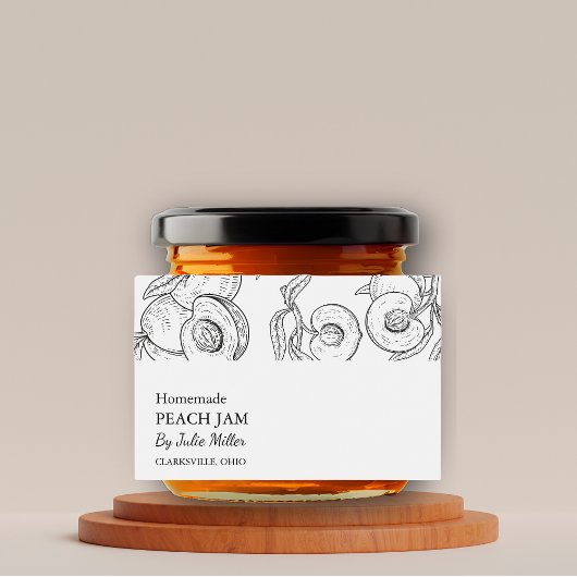 Étiquette simple de confiture de pêche noire et bl