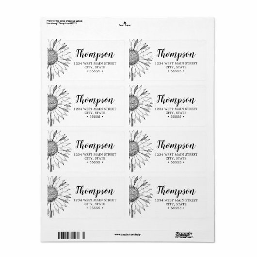 Étiquette simple de retour de tournesol noir et bl (Feuille entière)