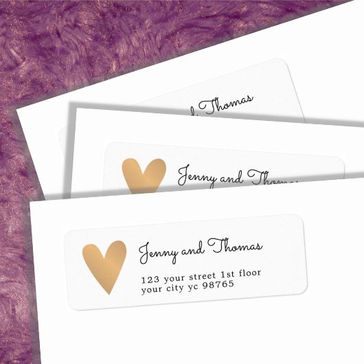 Étiquette Simple Elegant Blanc Faux Gold Heart Mariage