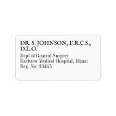 Étiquette Simple Noir & Blanc Général Chirurgie Docteur Adre (Devant)