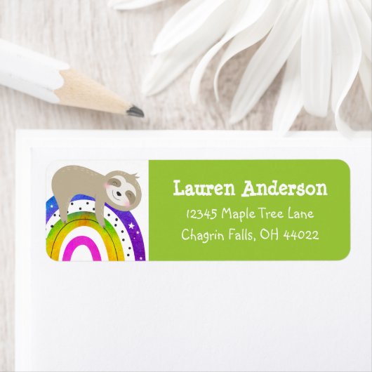 Étiquette Sloth Boho Rainbow Modern Kawaii Adresse d'anniver (En situation)